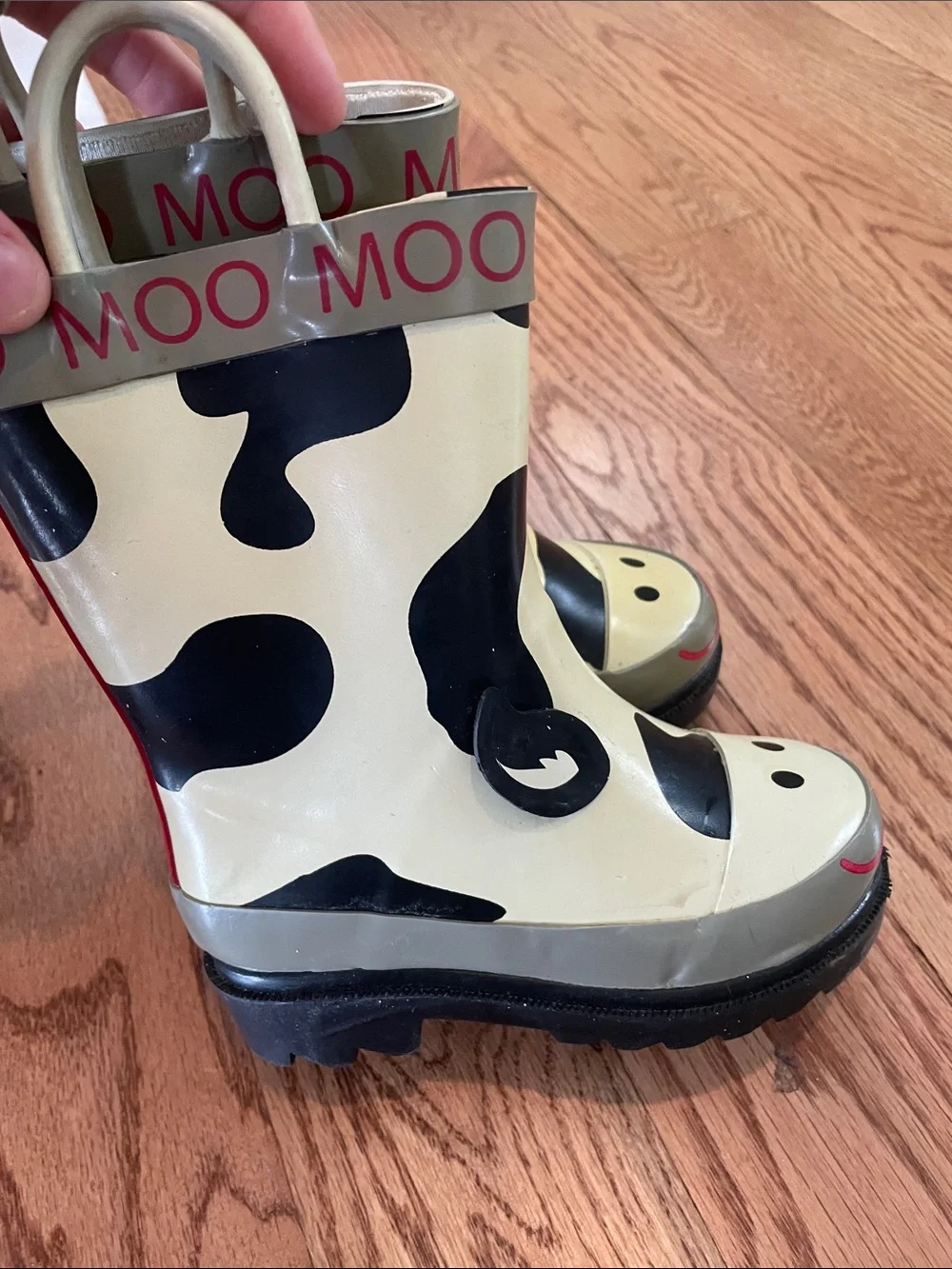 Western Chief Kids Rain Boots - White & Pink Glitter Handles and Cream Cow Print